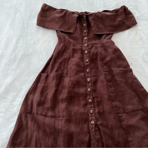 Reformation Marian Linen Dress in Brown Off The Shoulder Celeb Favorite Rare HTF - Picture 2 of 9